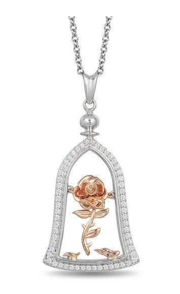 Enchanted Disney Belle 1/5 CT. T.W. Diamond Rose in Dome Pendant in Sterling Silver and 10K Rose Gold - 19"