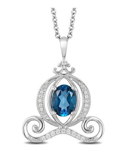 Enchanted Disney Cinderella Oval London Blue Topaz and 1/10 CT. T.W. Diamond Carriage Pendant in Sterling Silver - 19"