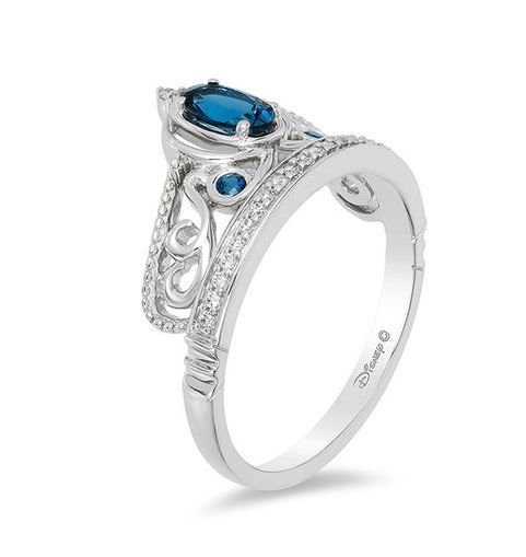 Enchanted Disney Cinderella Oval London Blue Topaz and 1/10 CT. T.W. Diamond Carriage Ring in Sterling Silver - Size 7