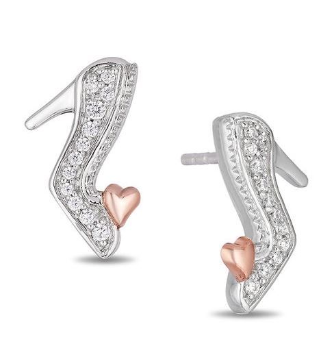 Enchanted Disney Cinderella 1/10 CT. T.W. Diamond Slipper Stud Earrings in Sterling Silver and 10K Rose Gold