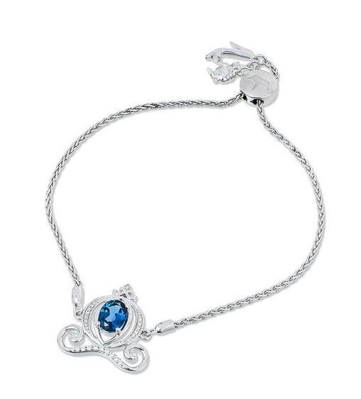 Enchanted Disney Cinderella Oval Blue Topaz and 1/10 CT. T.W. Diamond Carriage Bolo Bracelet in Sterling Silver - 9.5"