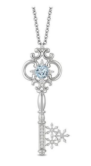 Enchanted Disney Elsa 5.0mm Aquamarine and 1/10 CT. T.W. Diamond Key Pendant in Sterling Silver - 19"