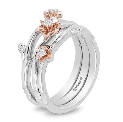 Enchanted Disney Mulan 1/10 CT. T.W. Diamond Flower Stackable Band Set in Sterling Silver and 10K Rose Gold - Size 7