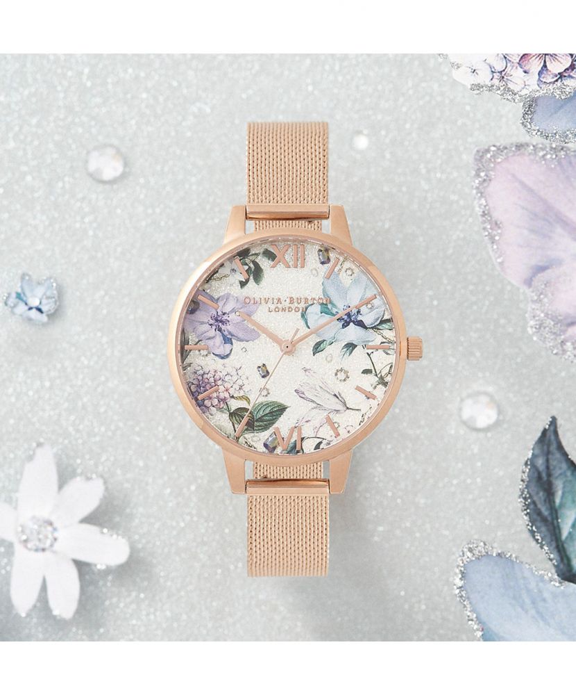 OLIVIA BURTON Bejewelled Florals Silver Glitter Dial & Rose Gold Mesh