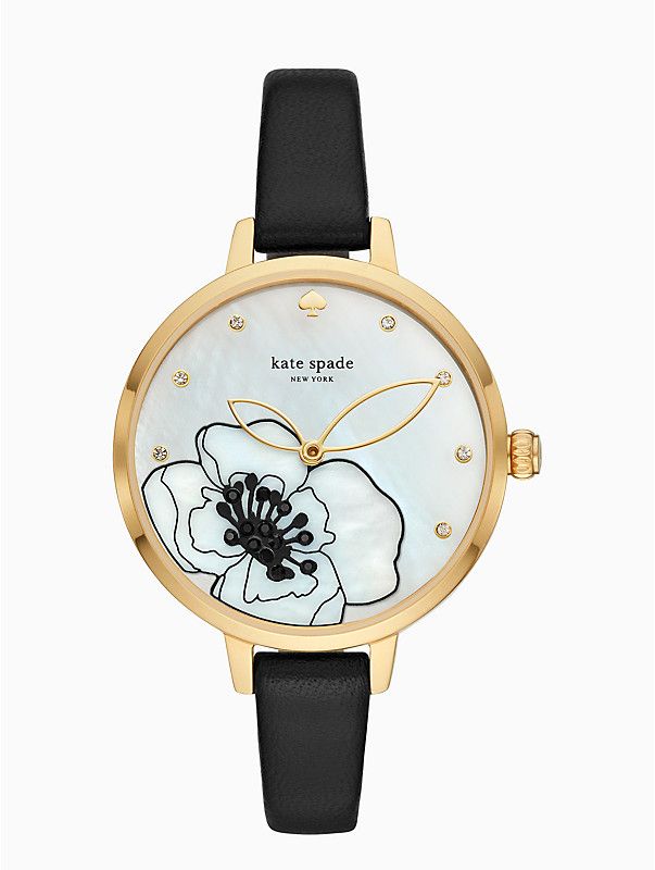 kate spade NEW YORK metro deco floral black leather watch