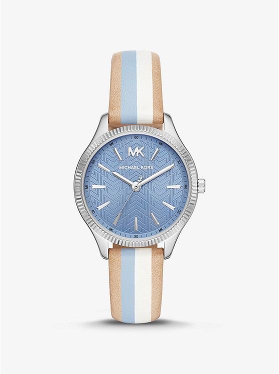 MICHAEL KORS Mini Lexington Silver-Tone and Striped Leather Watch