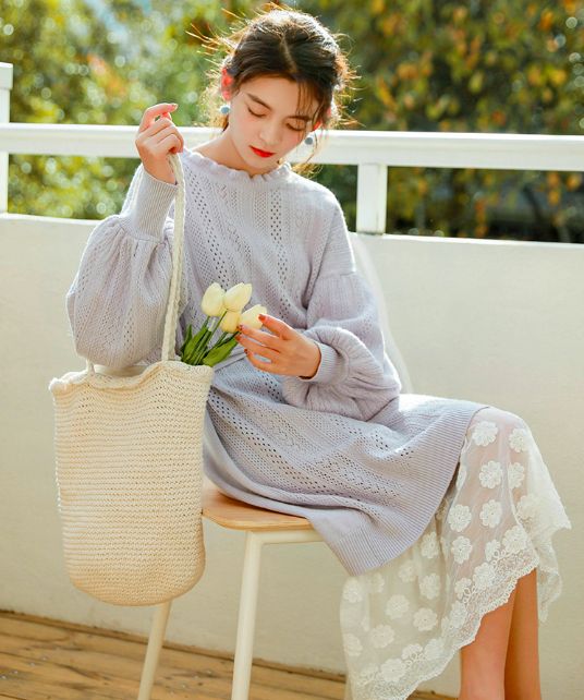 蕾絲毛衣針織連身裙 (售價為¥195)