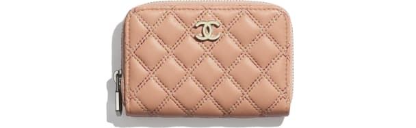 CHANEL COIN PURSE Lambskin & Lacquered Silver-Tone Metal Light Pink & Beige