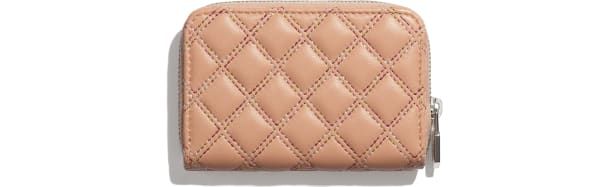 CHANEL COIN PURSE Lambskin & Lacquered Silver-Tone Metal Light Pink & Beige