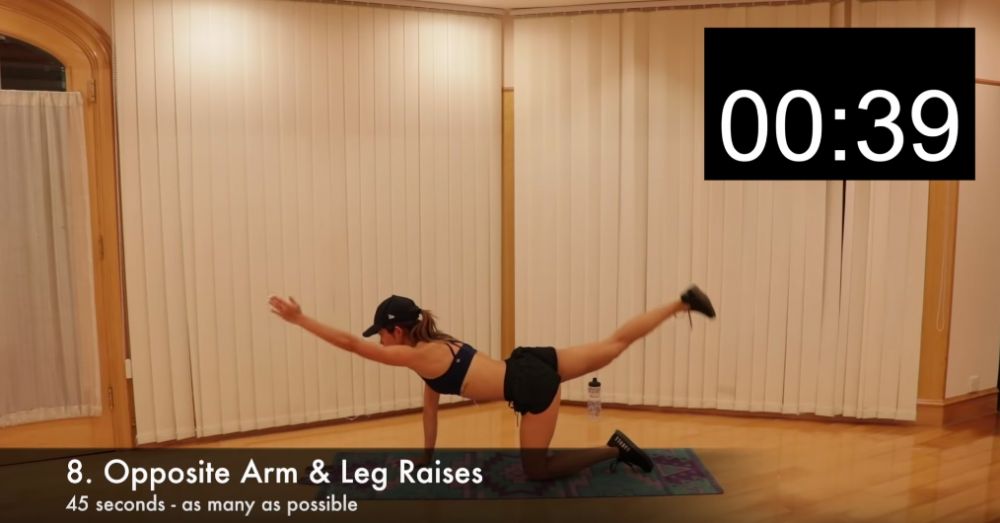 8. 相反手腳抬起 (Opposite Arm & Leg Raises)  首先以雙手支撐身體，下半身跪在地上。