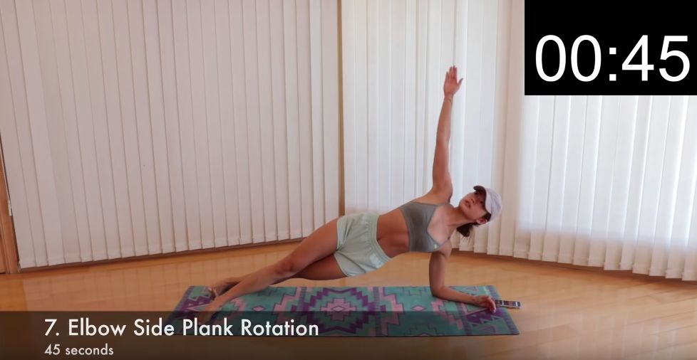 7. 手肘側向平板轉體(Elbow Side Plank Rotation)  先做好平板支撐，利用手肘支撐身體，然後輪流把右手舉起、左手舉起～