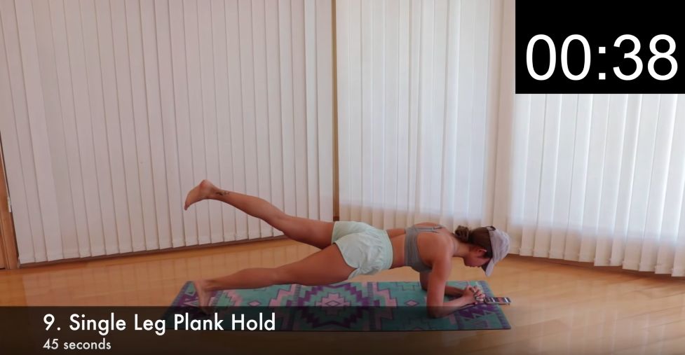 9. 單腳平板支撐 (Single Leg Plank Hold)  同樣先做好平板支撐的姿勢，然後慢慢把右腳提起，維持姿勢約10秒左右，然後再把左提起，一樣維持10秒～