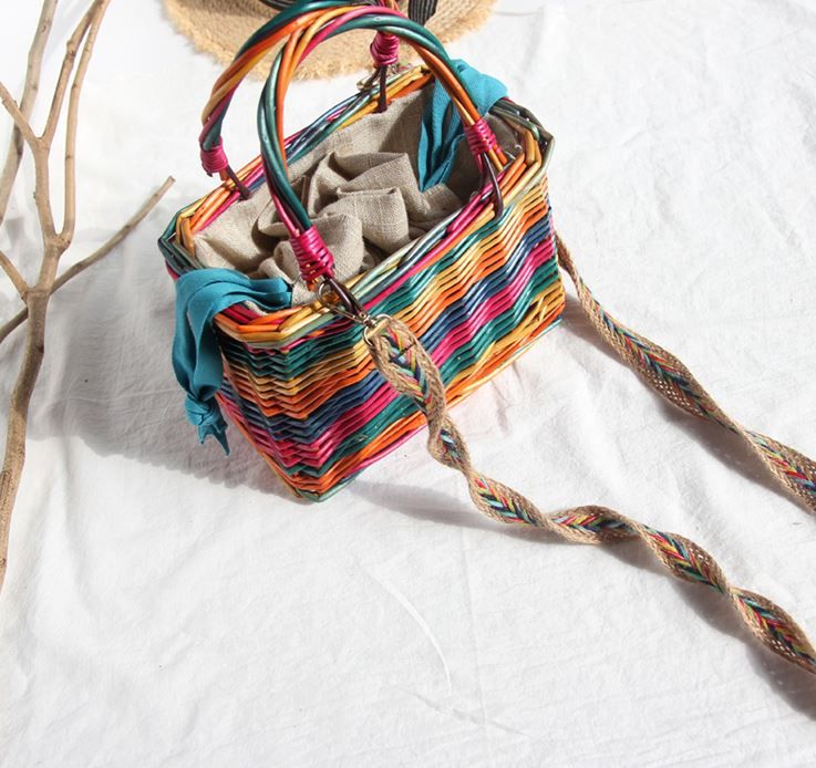 彩色竹編方形手挽袋