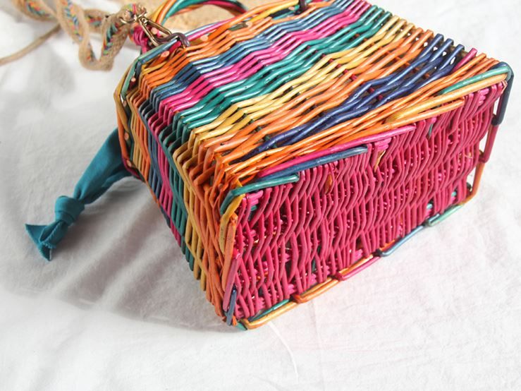 彩色竹編方形手挽袋
