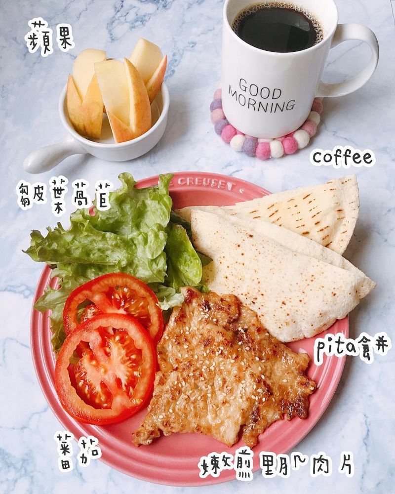 【8. 嫩煎里肌肉片皮塔餅】  皮塔餅 嫩煎里肌肉片 蕃茄 皺葉生菜 蘋果 黑咖啡  【嫩煎里肌肉片做法】  1.取出里肌肉片300克，用肉槌或刀背拍打，使周圍的白色斷筋 2.放進保鮮盒，加入蒜泥1大匙、蠔油2大匙、米酒1大匙、糖1茶匙、香油2茶匙，調味抓勻後，放冰箱醃製30分鐘或隔夜 3.下鍋前正反面沾上薄薄一層太白粉，煎至2面熟即完成