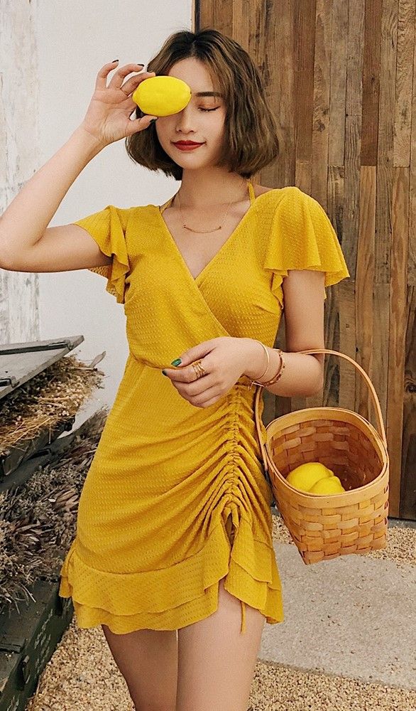 甜美款荷葉袖裙款連身泳衣 黃色 (¥128)