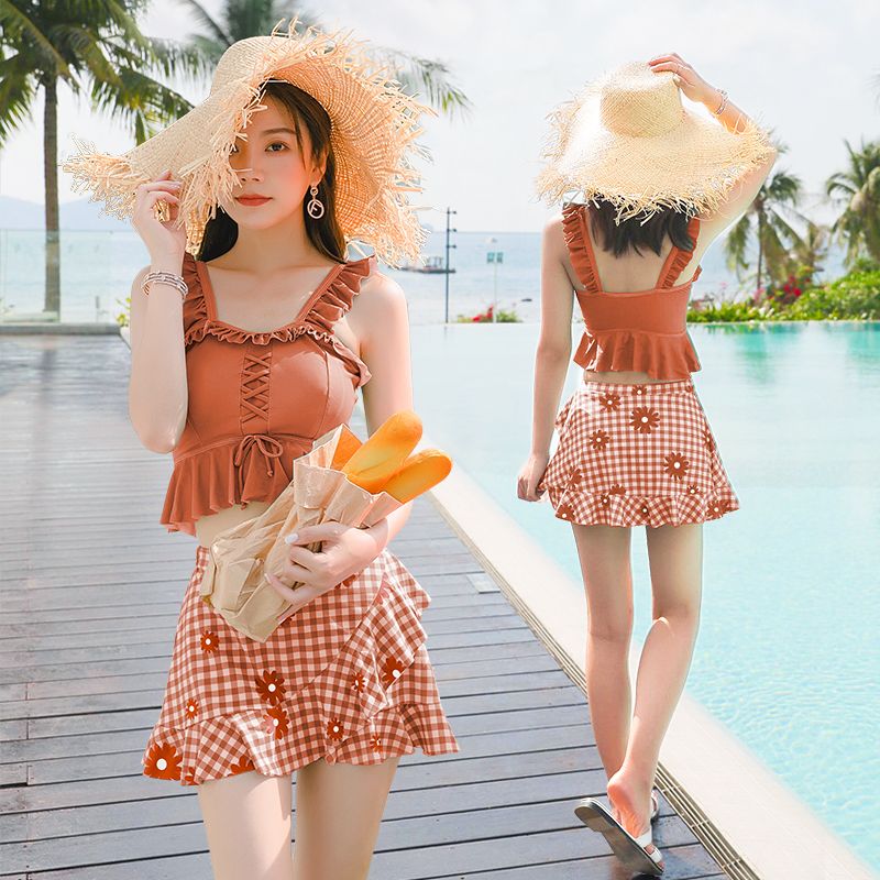日系少女風露肚兩件式泳衣 橙色 (¥66.9)