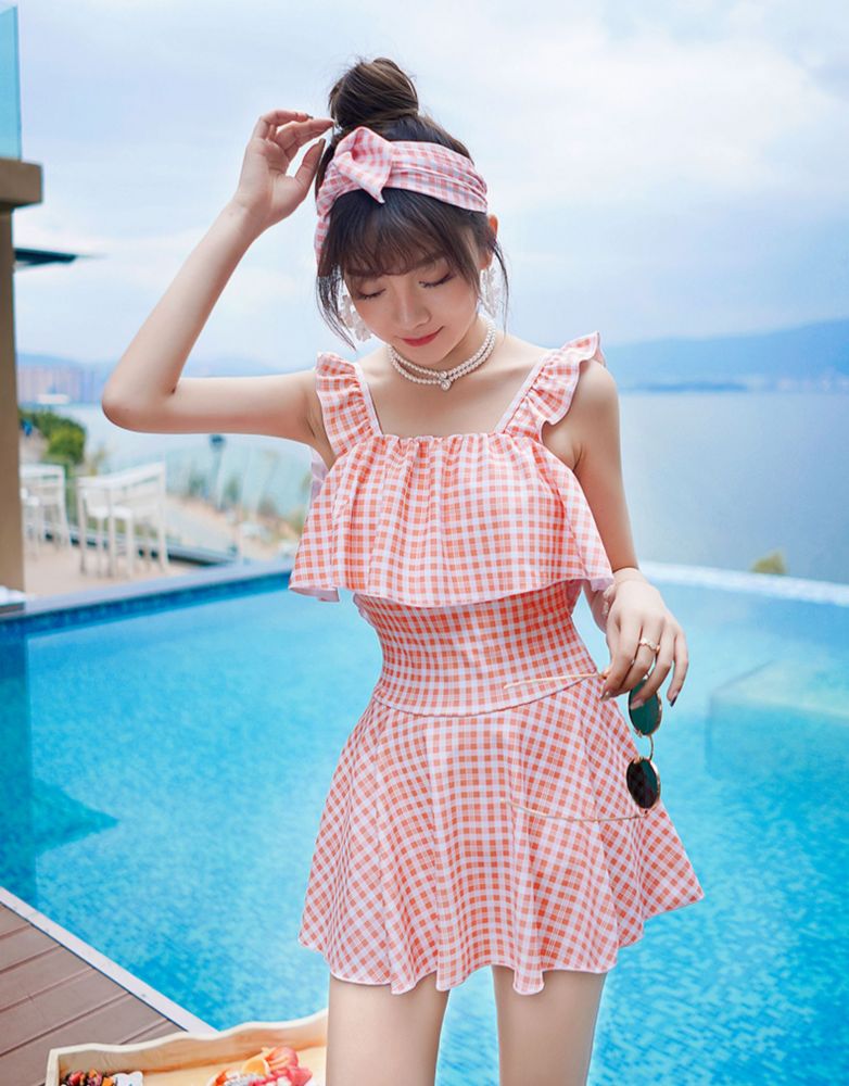 小格子性感露背裙式連身泳衣 橙紅色 (¥138.99)