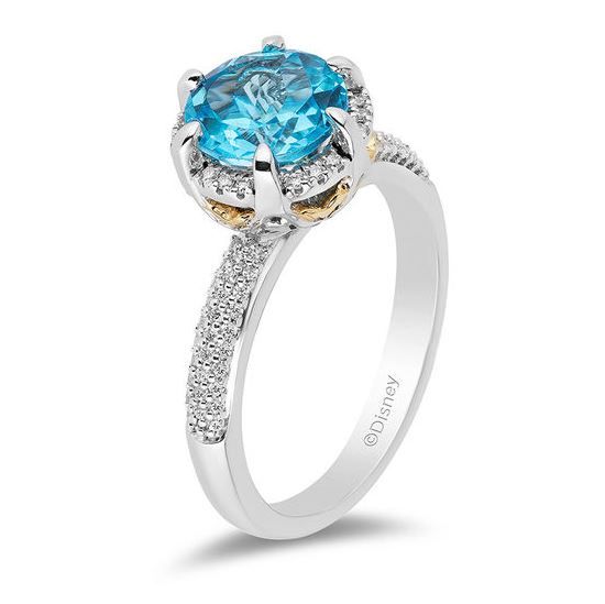 Enchanted Disney Aladdin 8.0mm Swiss Blue Topaz and 1/5 CT. T.W. Diamond Frame Ring in Sterling Silver and 10K Gold (美元499.99，約爲港元3909)
