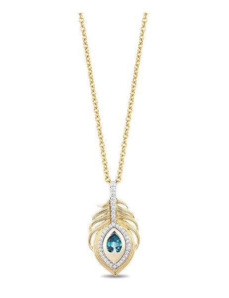 Enchanted Disney Jasmine Oval Swiss Blue Topaz and 1/6 CT. T.W. Diamond Palm Drop Pendant in 10K Gold - 19" (美元799.99，約爲港元6251)