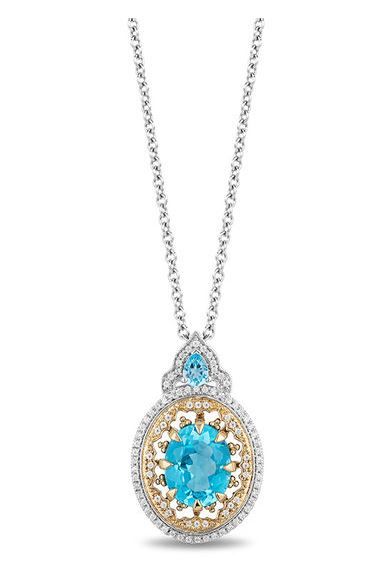 Enchanted Disney Aladdin Oval Swiss Blue Topaz and 1/5 CT. T.W. Diamond Frame Pendant in 10K Two-Tone Gold - 19" (美元899.99，港元7032)
