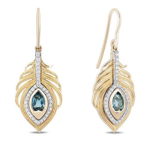 Enchanted Disney Jasmine Oval Swiss Blue Topaz and 1/5 CT. T.W. Diamond Palm Drop Earrings in 10K Gold (美元899.99，約爲港元7031)
