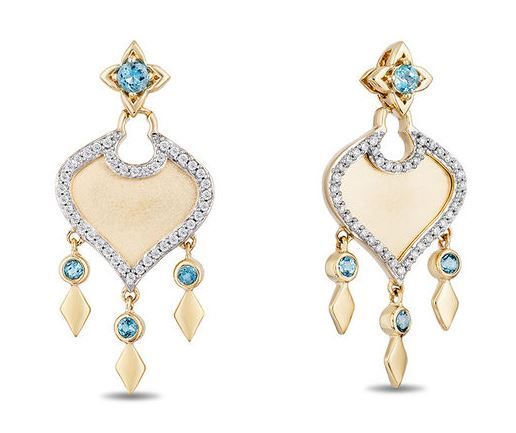 Enchanted Disney Jasmine Swiss Blue Topaz and 1/5 CT. T.W. Diamond Arabesque Drop Earrings in 10K Gold (美元899.99，約爲港元7031)