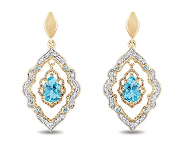 Enchanted Disney Aladdin Pear-Shaped Swiss Blue Topaz and 1/6 CT. T.W. Diamond Arabesque Frame Earrings in 10K Gold (美元749.99，約爲港元5860)
