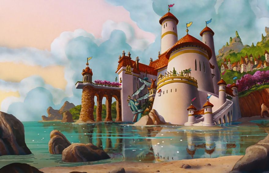 小美人魚 The Little Mermaid  在電影中，Prince Eric的城堡與瑞士日內瓦湖畔的西庸古堡相差無幾，遠觀時它就像是浮在水上一般，簡直像仙境一樣。