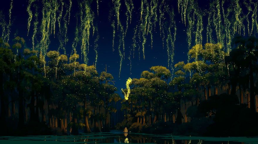 公主與青蛙 The Princess And The Frog  電影裡的New Orleans河口靈感來自美國路易斯安那州的沼澤湖泊，位於墨西哥灣沿岸，在這片湖邊有不少沼澤動物，森林密佈、地面濕潤，與動畫裡的場景差不多。