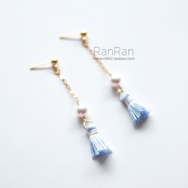 珍珠藍色流蘇耳釘/耳夾¥38.00-40.00