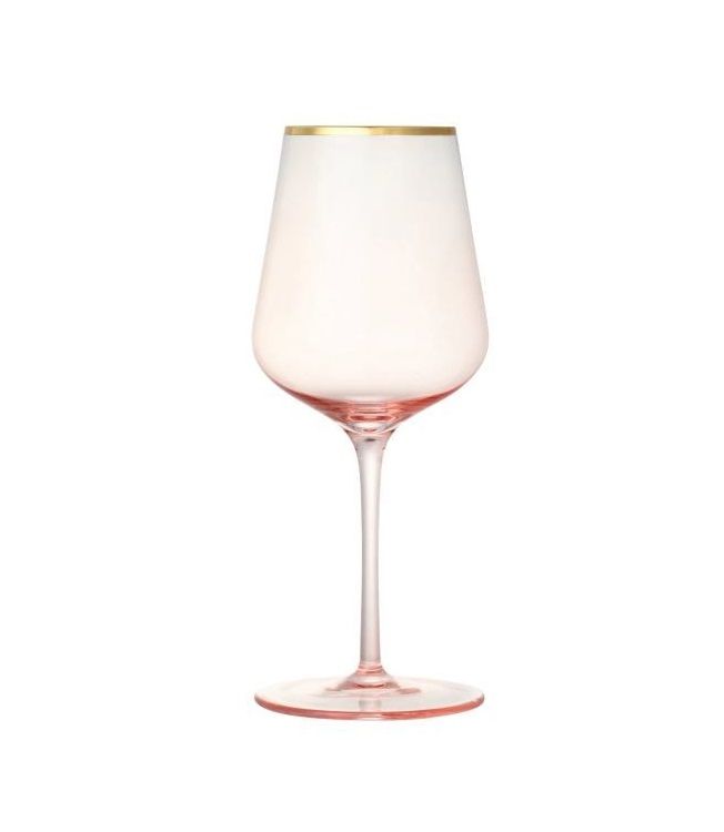 略帶粉紅色的玻璃杯，搭配金色的杯沿，高貴大方。
