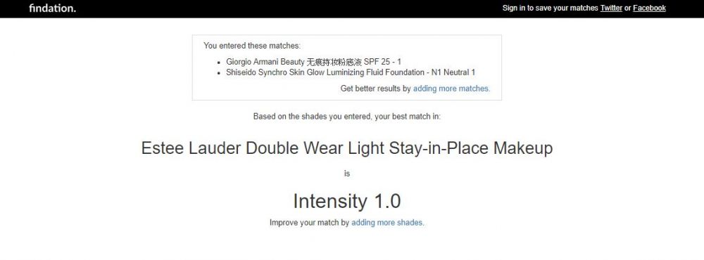 以Estee Lauder Double Wear Light Stay-in-Place Makeup為例，網站匹配出的色號為「Intensity 1.0」，正是小編常用的色號，選色成功！