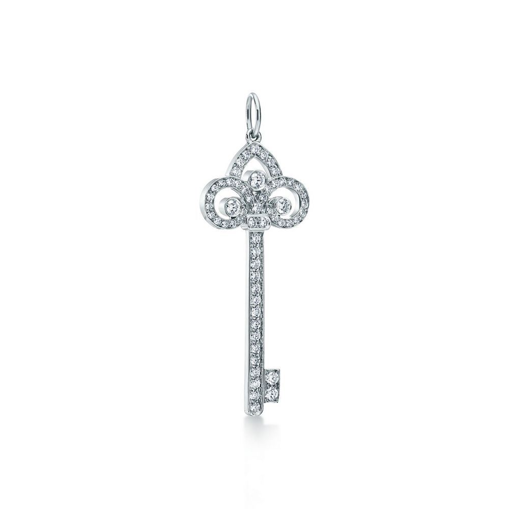   Tiffany Keys Fleur de Lis Key Pendant in Platinum with Diamonds on a Platinum Chain