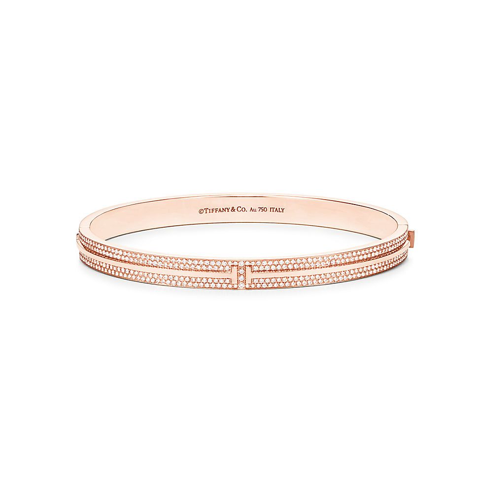 Tiffany T Two Hinged Bangle in 18k Rose Gold with Pavé Diamonds