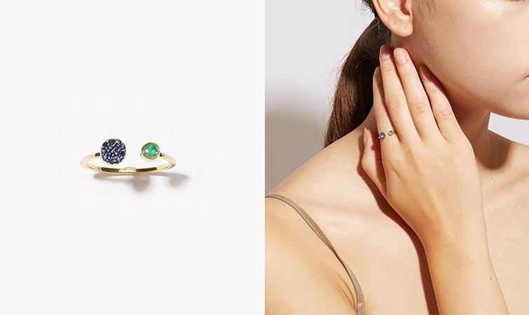 人馬座 Sagittarius：藍寶石鑲祖母綠寶石開口戒指（售價為JPY¥‎18,700（連稅），約HKD$1,355）藍寶石結合了力量，能把美好願望寄托在它身上，而祖母綠寶石則守護你的愛情和金錢。