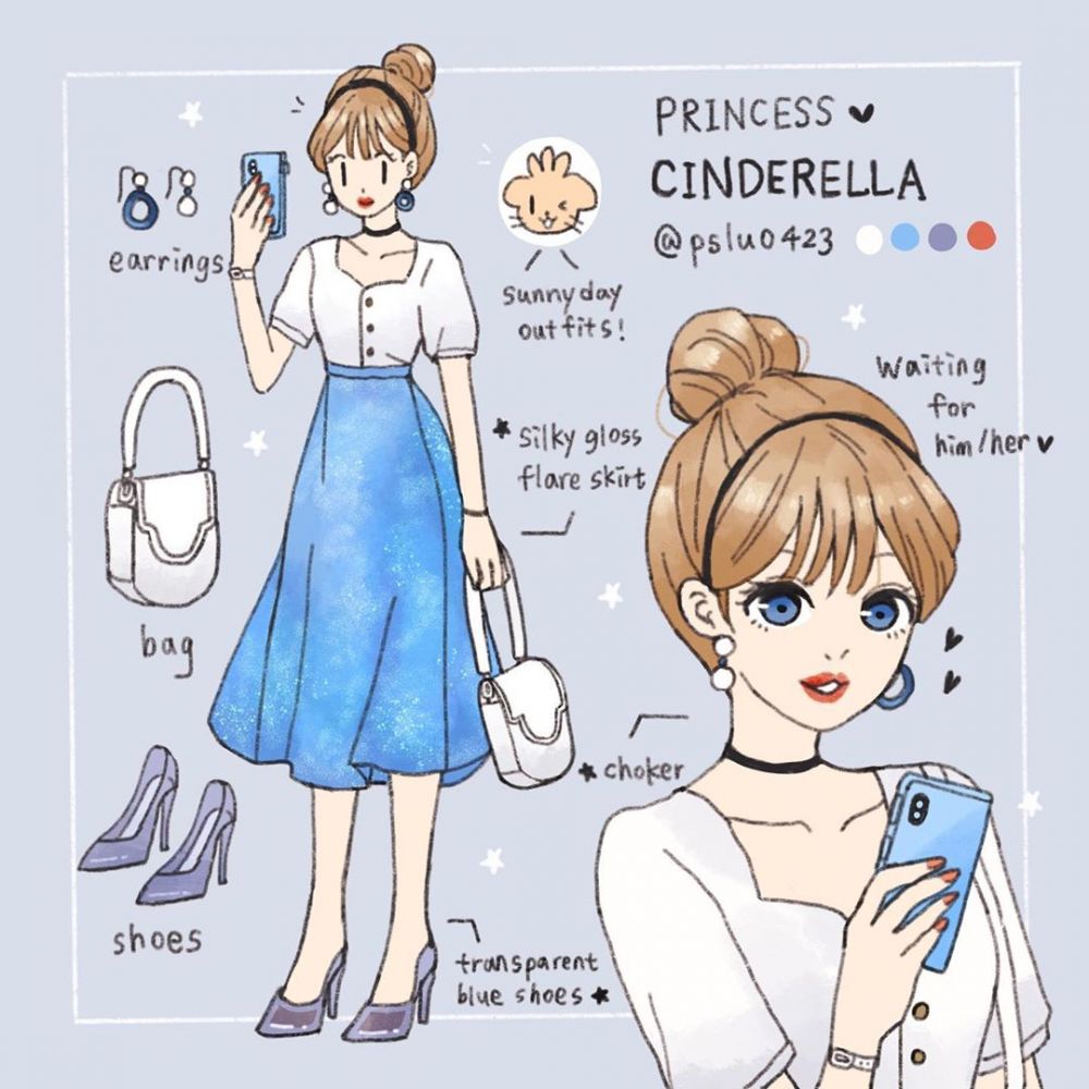 Cinderella Cinderella的裝扮比較簡單，卻氣質滿分。綁起髻後突顯了肩頸的部分，加上閃亮的天藍色中長裙和透明紫藍高跟鞋，讓一身的夢幻感增添不少分。