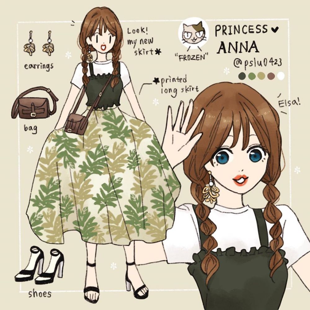 Anna 年輕的Anna自然是有活力的代表，深綠色的吊帶背心、內搭白色T-Shirt和棕櫚葉的長裙，充滿夏日風情，也更顯青春洋溢。