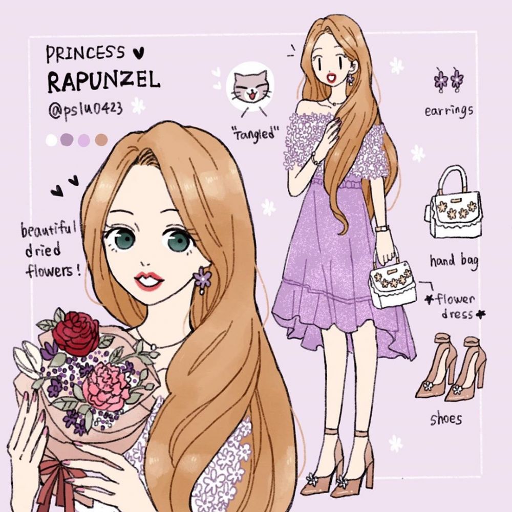 Rapunzel 當然也要保留標誌性的長髮，搭配蕾絲雕花的露肩洋裝和裸色高跟鞋，讓長髮公主更仙氣洋溢！