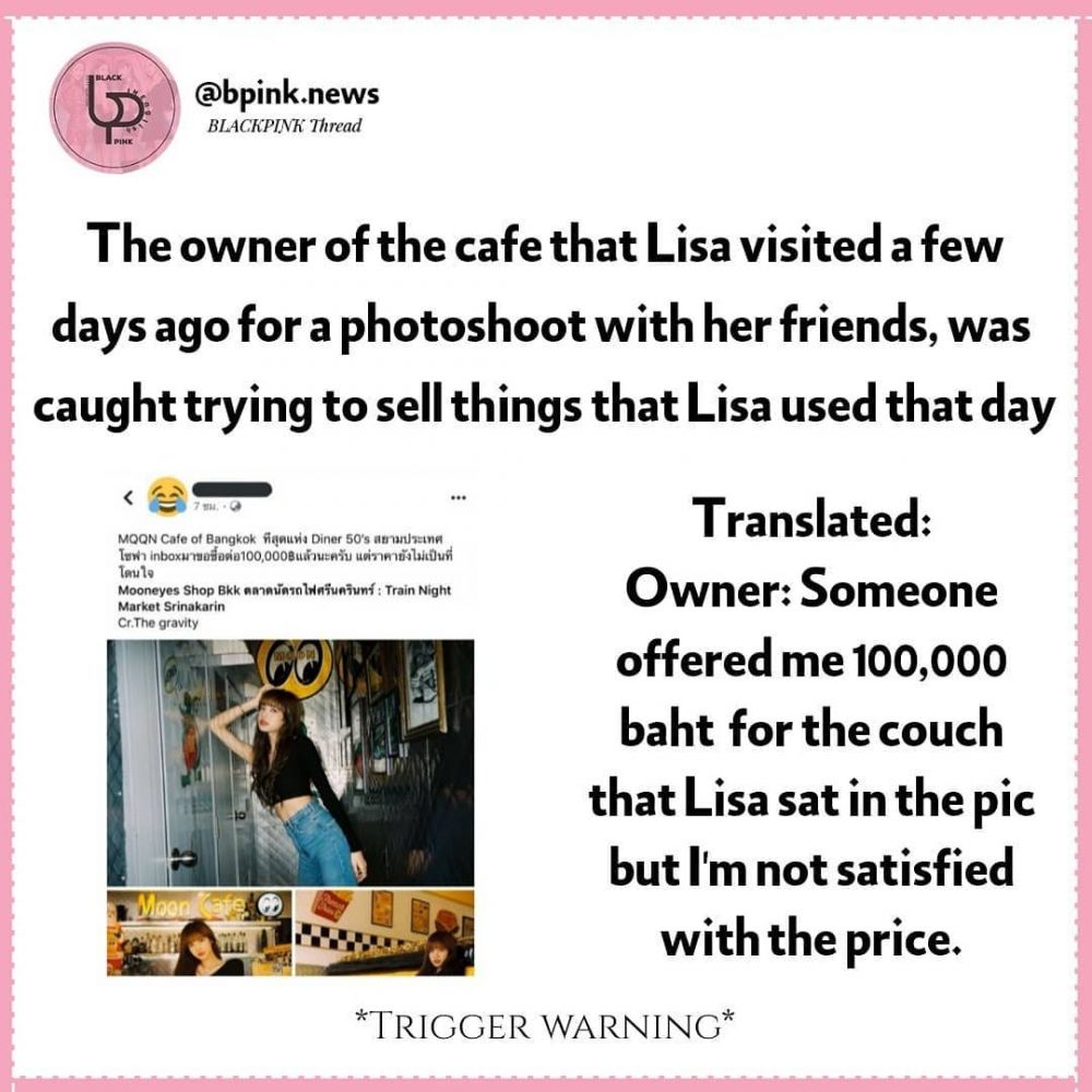 店主發文表示「有人出價10萬泰銖（約$26000港幣）要買Lisa坐過的椅子，但我仍不滿意這個價錢。」（圖片來源：IG@bpink.news）