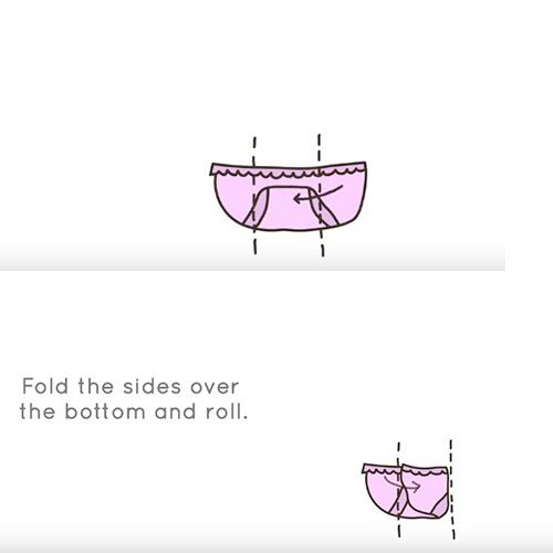 內褲收納秘訣Step2：首先把底部向上摺（如圖示），然後內褲分為三等份，將兩側向內摺。