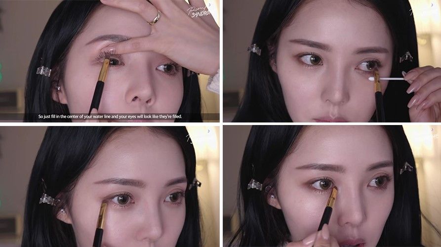 Step4 眼線：選用深色眼影替代眼線完成超自然深邃眼妝。首先用深啡色眼影填滿睫毛根部及畫下眼線，然後在眼尾位置輕輕拉長眼型。