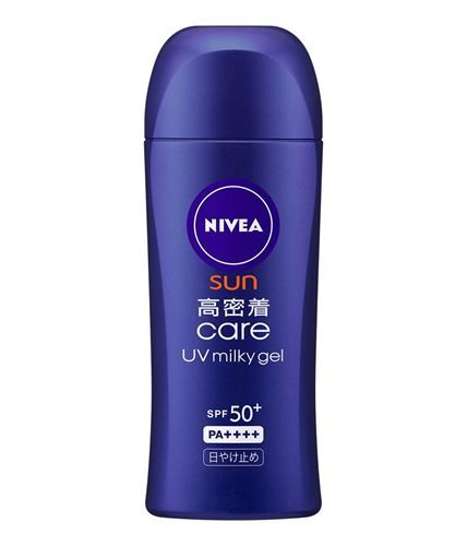 NIVEA sun care UV milky gel SPF50+ PA++++   (售價以官方為準)  通過美國FDA防水測試，即使游泳都不容易掉落。加入保濕成分，對皮膚的負擔較低。