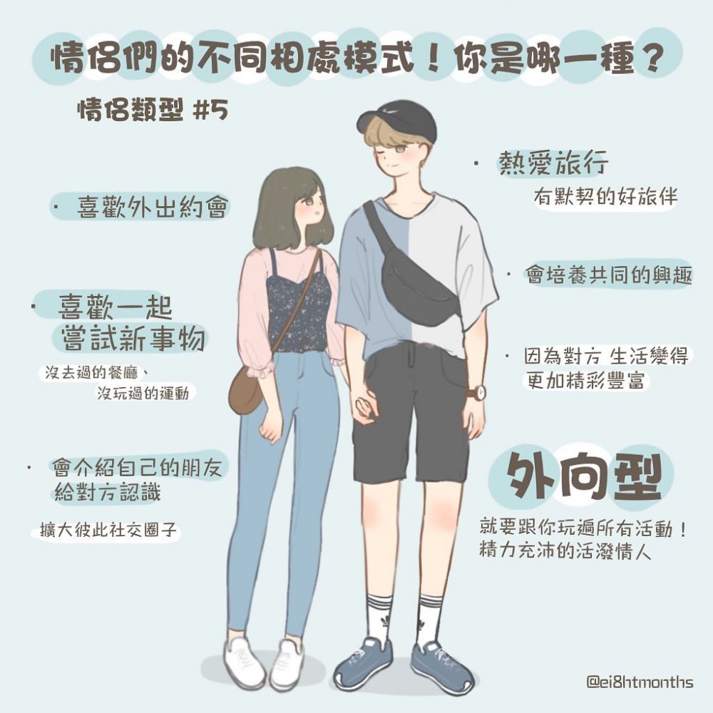 第五型:外向型!對你們來說,最好的拍拖方式便是走出家門!你們最喜歡挑戰新事物,像是會經常遊山玩水、定期去旅行等等,能夠與另一半到處冒險和約會便是你們最大的幸福!除此之外,你們也會有著共同的興趣,因為他讓你原本的生活變得更加有趣和充實! 第五型:外向型!對你們來說,最好的拍拖方式便是走出家門!你們最喜歡挑戰新事物,像是會經常遊山玩水、定期去旅行等等,能夠與另一半到處冒險和約會便是你們最大的幸福!除此之外,你們也會有著共同的興趣,因為他讓你原本的生活變得更加有趣和充實!