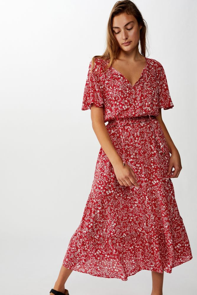 Woven Tabitha Short Sleeve Tiered Maxi Dress #Paisley Scarlet（原價港幣$289，現售$145）
