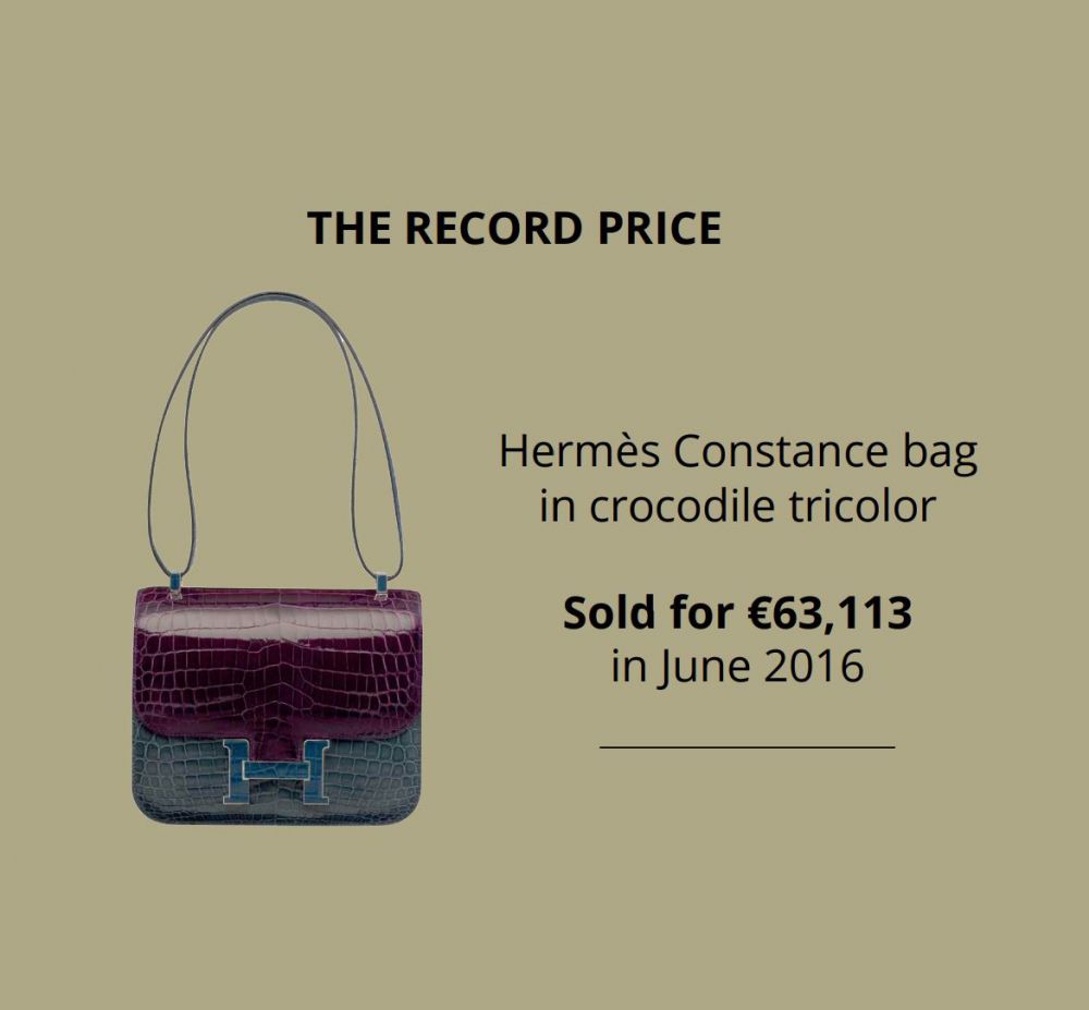 據Collector Square出售資料，紀錄中最高價的Constance Bag以€63,113(約$549,785港元)於2016年6月賣出。