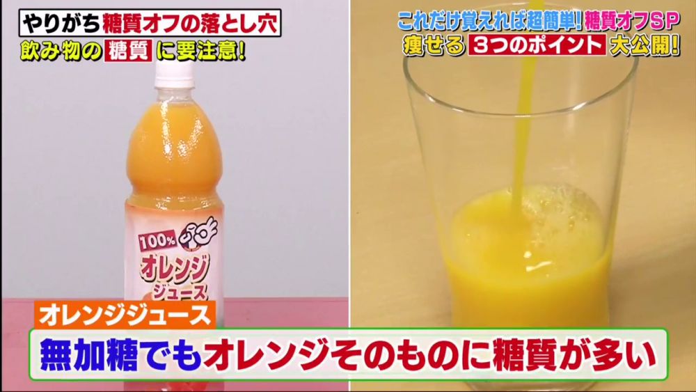 100%橙汁雖然沒有添加糖，但內含豐富果糖，也是高醣質飲品的一種。