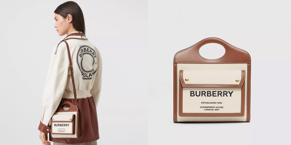 【8. BURBERRY Pocket Bag】這款方型手提袋，以帆布拼接皮革的雙色調設計，輕巧迷你袋身與實用性兼具 ，近來在IG曝光率非常高。Mini Two-tone Canvas and Leather Pocket Bag HKD9,300