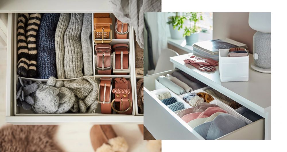 SKUBB貯物盒｜白色｜$49.9 一套內有6個不同大小的盒子，自行組合放置衣櫃抽屜內，以作間隔。分類收納襪子、內衣褲，以及皮帶手巾等物品。
