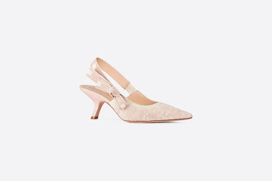 J'ADIOR SLINGBACK PUMP Pink and Ecru Embroidered Cotton with Toile de Jouy Motif 